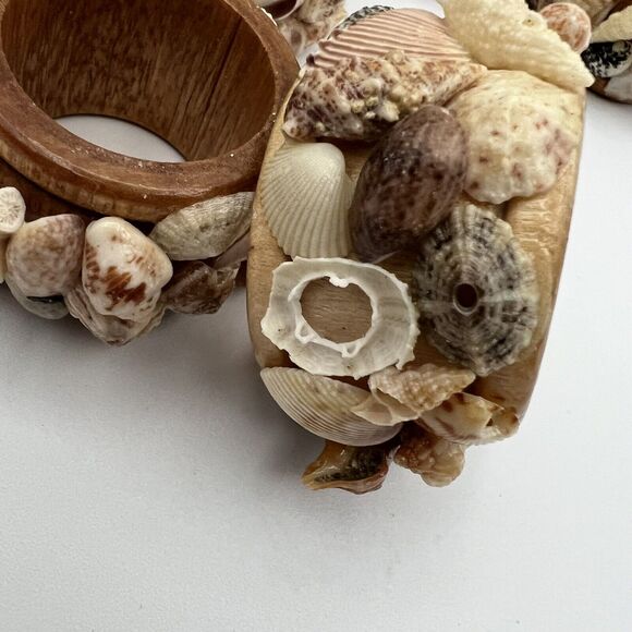 Set 8 Vtg Mixed Sea Shell Wood Napkin Rings Beach Ocean Nautical Boho - Picture 12 of 12